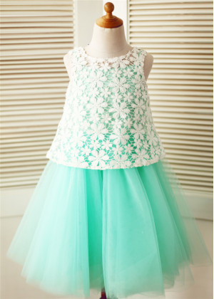 Turquoise Tulle Ivory Lace Two Piece Flower Girl Dress  Turquoise Tulle Ivory Lace Two Piece Flower Girl Dress